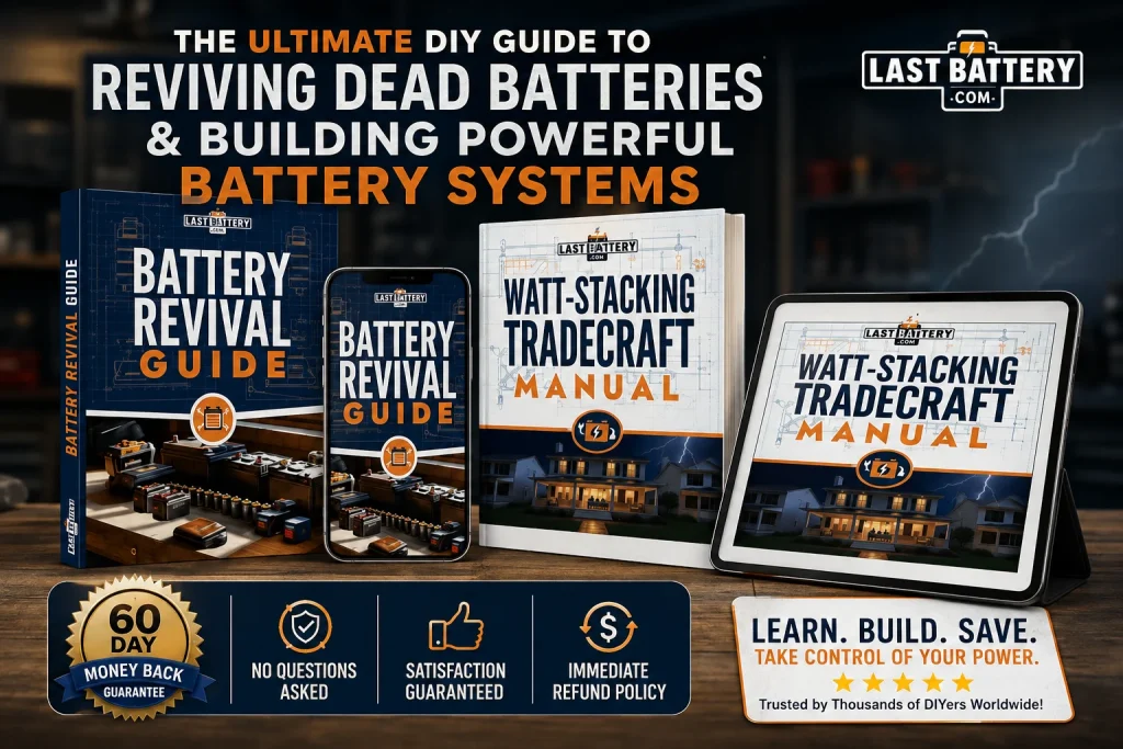 Last Battery DIY guides featuring the Battery Revival Guide and Watt-Stacking Tradecraft Manual with a 60-day money-back guarantee.